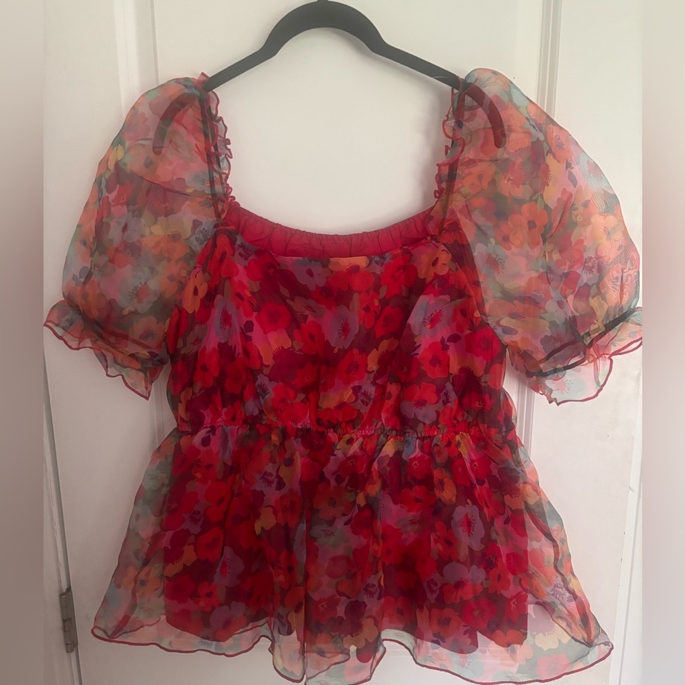 Women’s 1XL Red Floral Blouse Puff Sleeve Romantic Boho Top NWOT